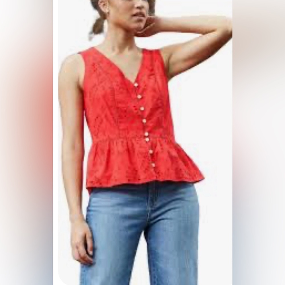Sleeveless Red Eyelet Peplum Button-Front Top